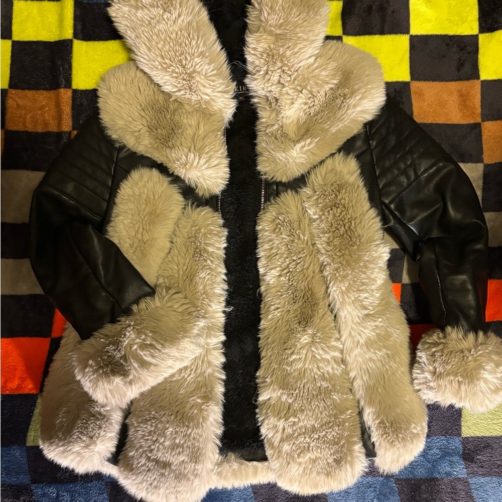 AKIRA Black and Cream Faux Fur Kids Leather Jacket
